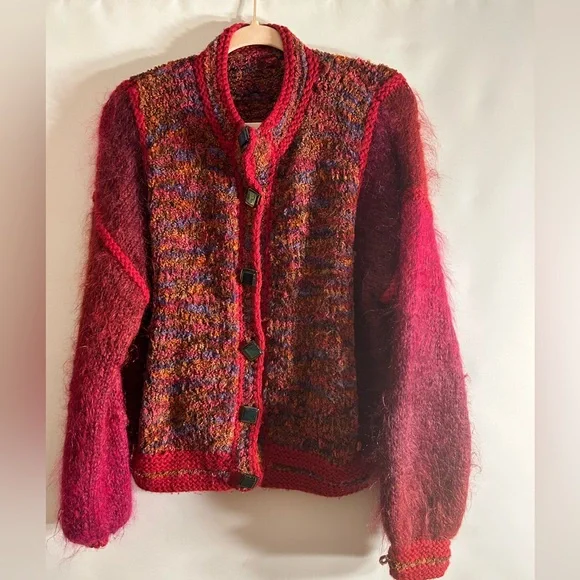VINTAGE BOHO MOHAIR BLEND CHUNKY CARDIGAN BURGUNDY MULTI COLORED - Picture 2 of 8
